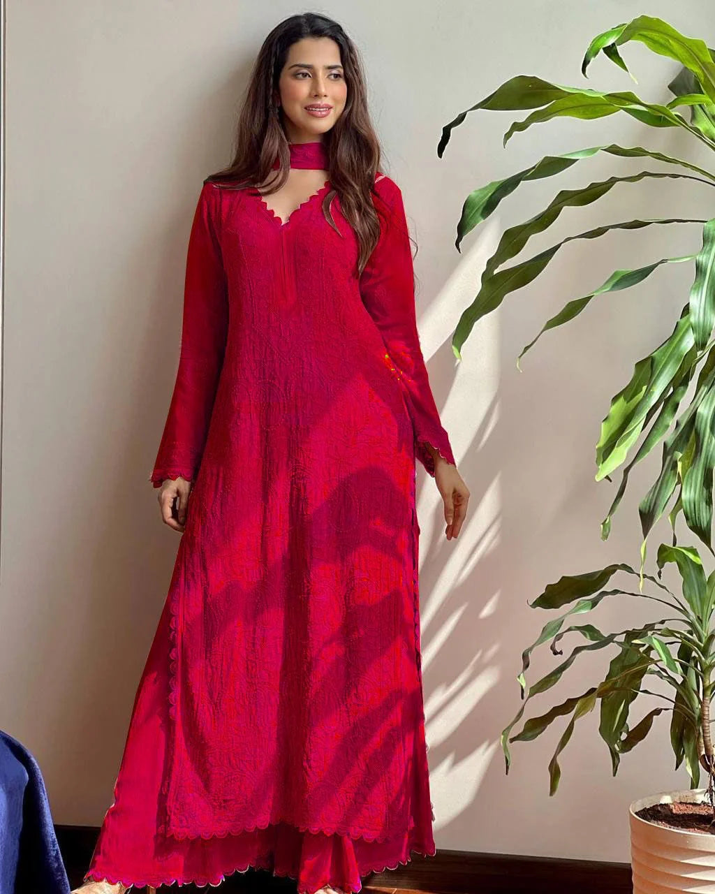 Georgette Embroidered Chikankari V Neck Kurta with Palazzo And Dupatta
