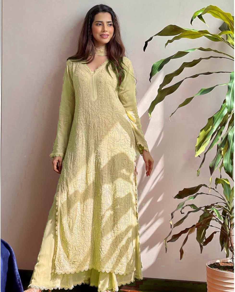 Georgette Embroidered Chikankari V Neck Kurta with Palazzo And Dupatta
