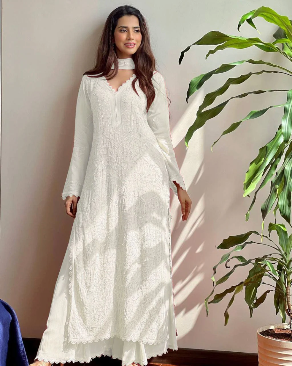 Georgette Embroidered Chikankari V Neck Kurta with Palazzo And Dupatta