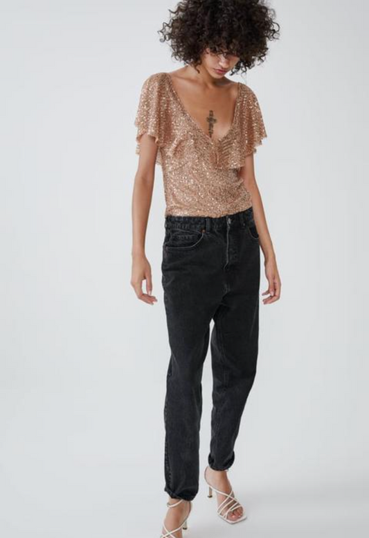 Gold Sequin Ruffle V-Neck Blouse