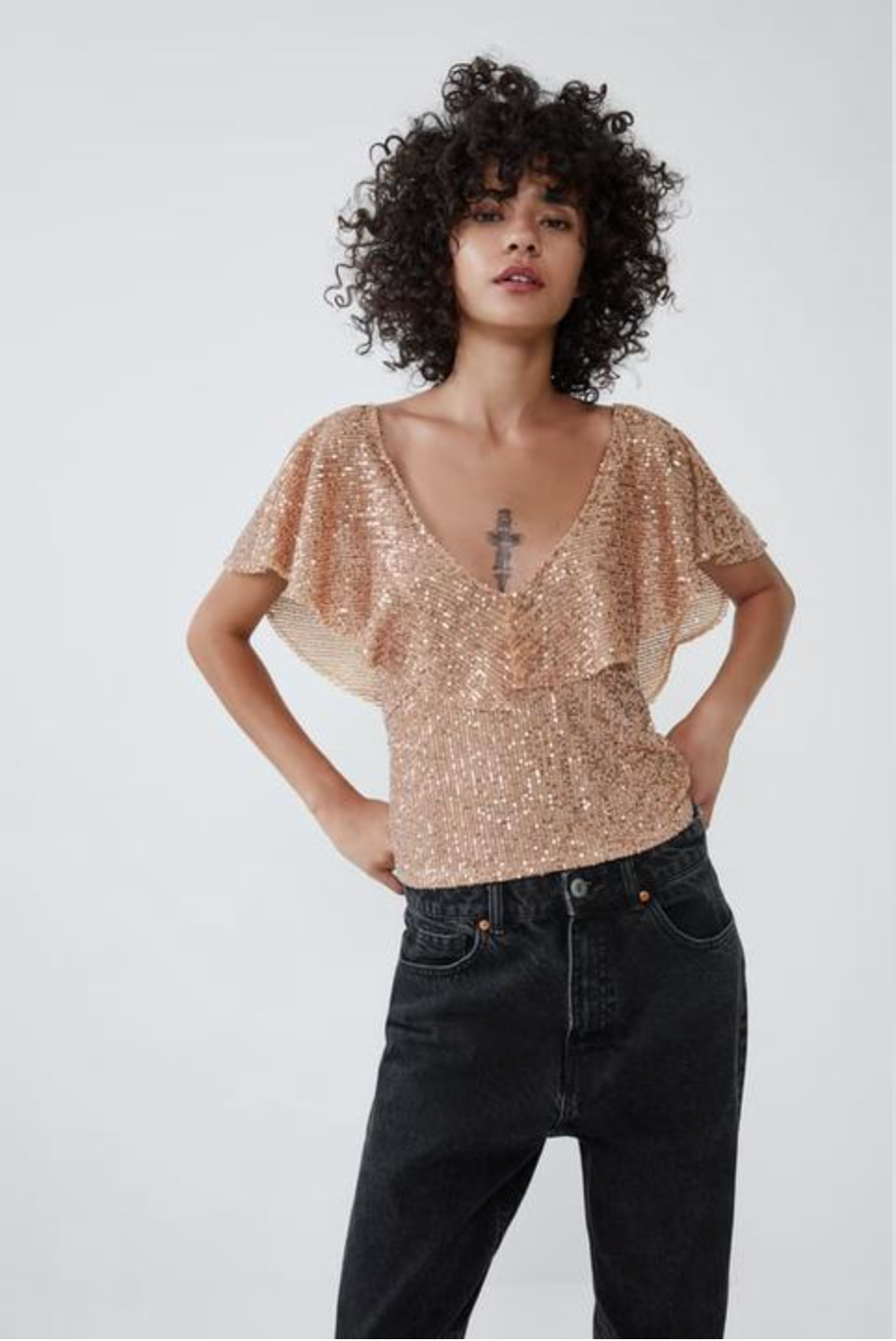 Gold Sequin Ruffle V-Neck Blouse