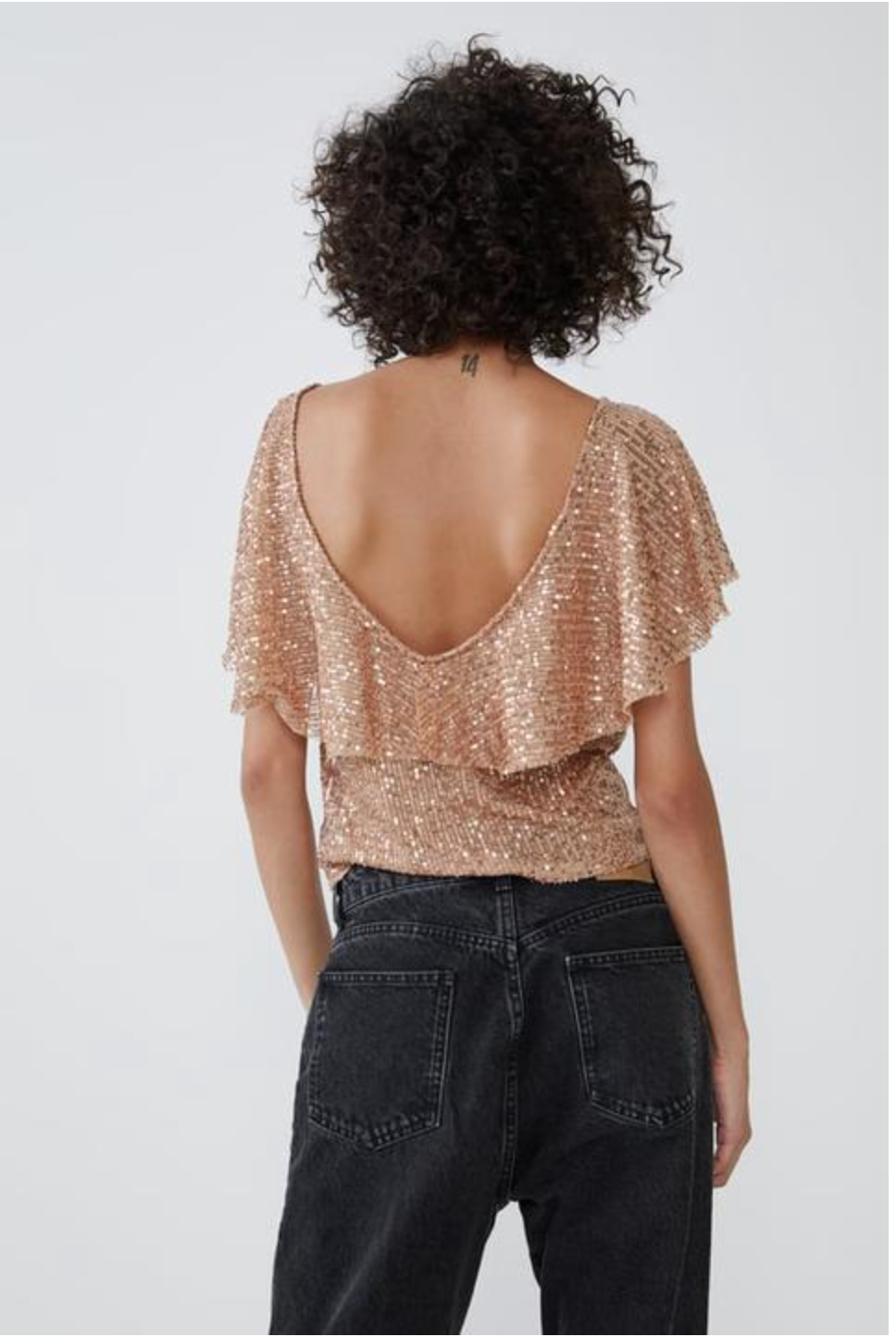 Gold Sequin Ruffle V-Neck Blouse