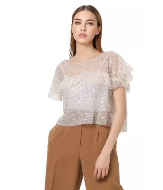 Party Regular Sleeves Embellished Women Beige Top