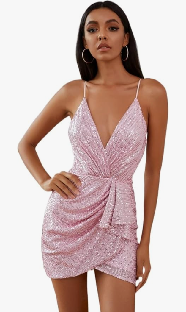 Surplice Neck Draped Asymmetrical Hem Sequin Cami Dress