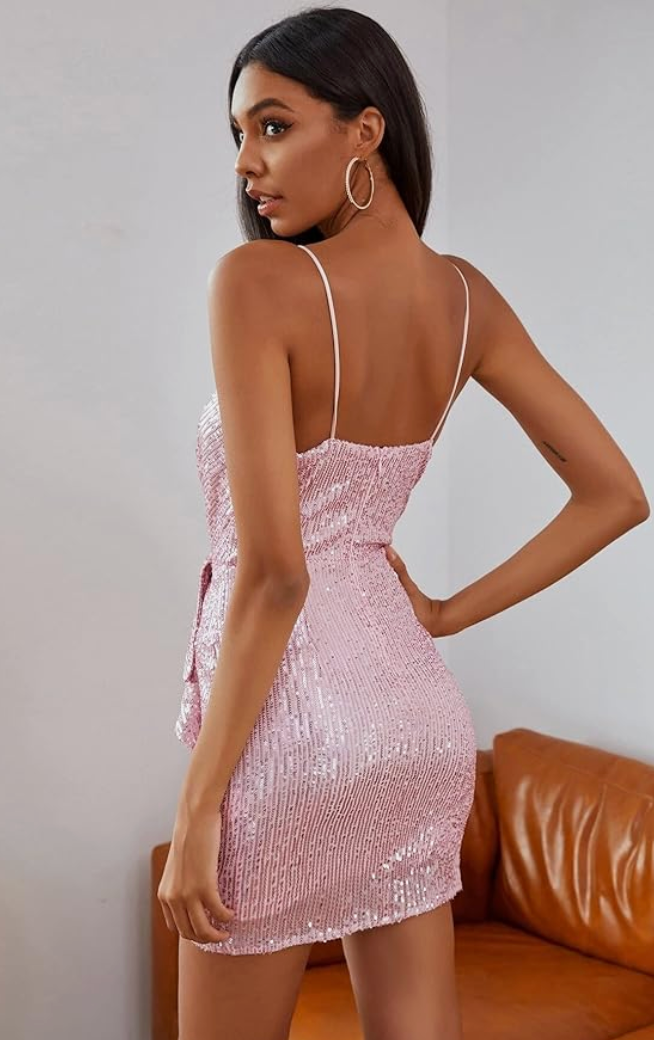 Surplice Neck Draped Asymmetrical Hem Sequin Cami Dress